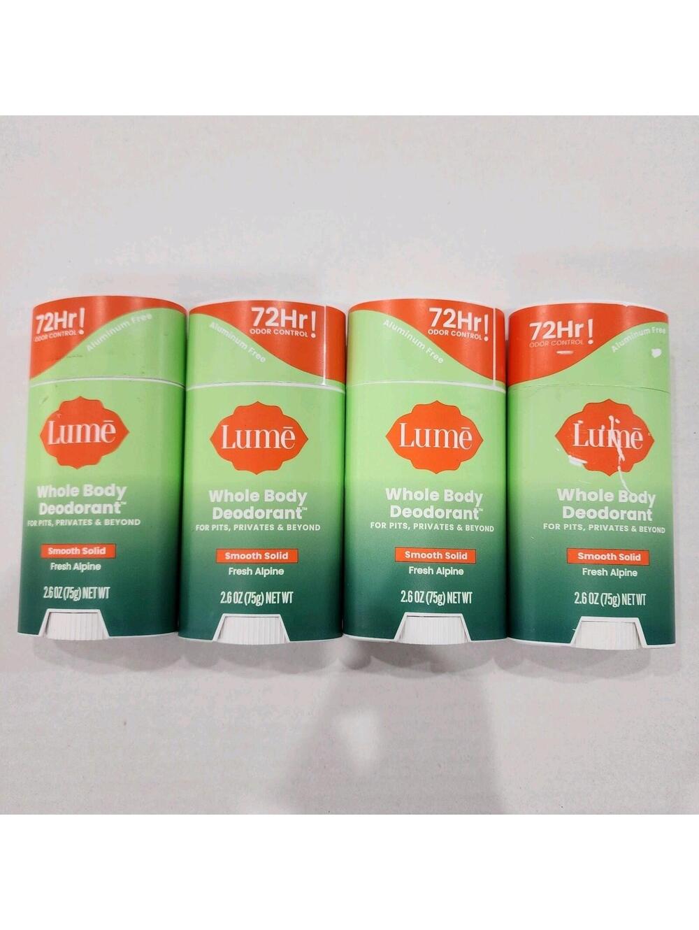 4 Pack - Lume Whole Body Deodorant 72-hr Smooth Solid Stick, Fresh Alpine 2.6 oz